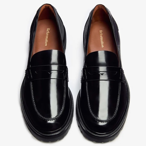 Reformation Agathea Chunky Loafer Leather Patent Shiny Platform Shoes Black - Picture 9 of 12
